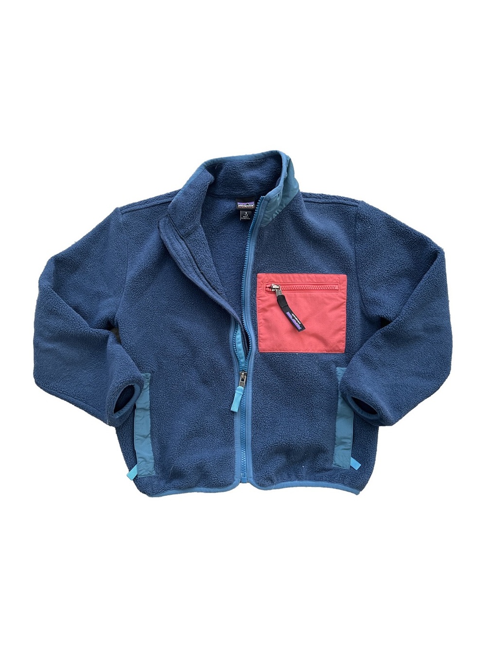 Patagonia Unisex Kids S Blue Synchilla Fleece Jacket with Coral Red Chest Pocket